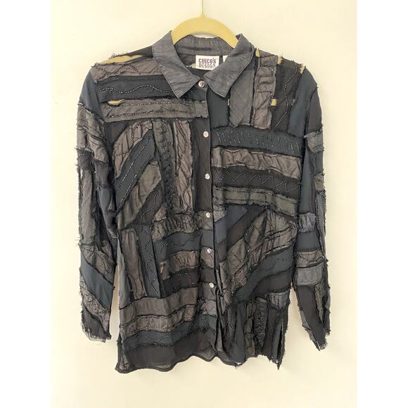 Vintage Chico's Design Black Patchwork Silk Blend Button Up Blouse Women's M - Picture 1 of 7